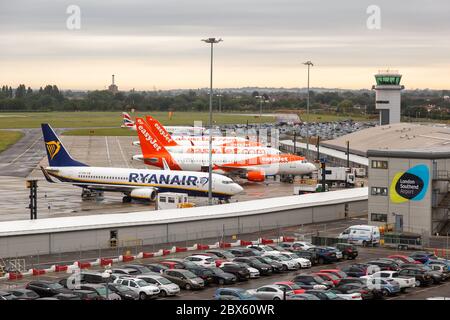 Southend, Großbritannien 7. Juli 2019: Ryanair und easyJet Flugzeuge am Flughafen London Southend SEN im Vereinigten Königreich. Stockfoto