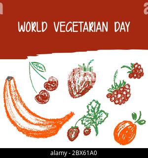 Kinder Zeichnung farbige Buntstifte. Weltvegan Tag. Himbeeren, Erdbeeren, Kirschen, Erdbeeren Bananenaprikosen Stock Vektor