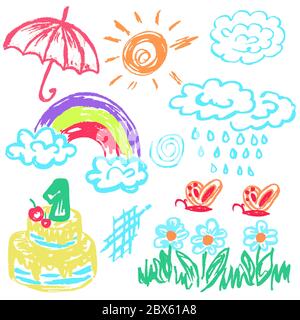 Niedliche Kinderzeichnung. Farbige Wachsmalstifte. Symbole, Zeichen, Symbole, Stifte. Mond, Wolken regen Regenbogen Regenschirm Kuchen Stock Vektor
