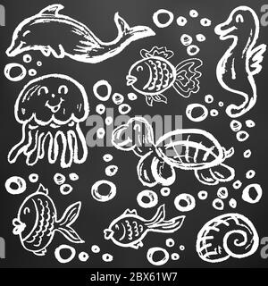 Niedliche Kinderzeichnung. Weiße Kreide auf einem schwarzen Brett. Symbole, Zeichen, Symbole, Stifte. Marine-Elemente. Quallen angeln Stock Vektor