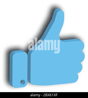 Blaue Hand mit Daumen nach oben. Geste wie, zustimmen, ja, Zustimmung oder Ermutigung. 3D-Vektorgrafik mit Schlagschatten. Stock Vektor
