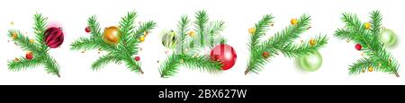 Set von Weihnachtsbaum Äste mit Kugeln und Stücke von Serpentin auf weißem Hintergrund Stock Vektor