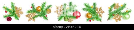 Set von Weihnachtsbaumzweigen mit Kugeln, goldene Schneeflocken und Stücke von Serpentin auf weißem Hintergrund Stock Vektor