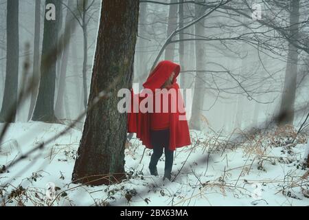 Rote Kapuzenfrau allein in einem kalten Wald Stockfoto