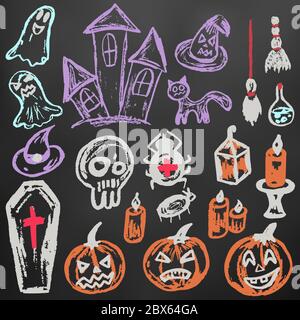 Halloween. Eine Reihe von lustigen Objekten. Farbkreide auf einer Tafel. Kollektion festlicher Elemente. Herbstferien. Kürbis, Sarg, Totenkopf, Kerze, spide Stock Vektor