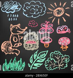 Niedliche Kinderzeichnung. Farbige Wachsmalstifte auf schwarzem Hintergrund. Symbole, Zeichen, Symbole, Stifte. Elemente der Gesamtstruktur. Pilze, Büsche Blätter Stock Vektor