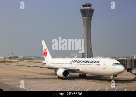 Peking, China - 2. Oktober 2019: Japan Airlines Boeing 767-300ER Flugzeug am Flughafen Peking Hauptstadt PEK in China. Boeing ist ein amerikanischer Flugzeugmann Stockfoto