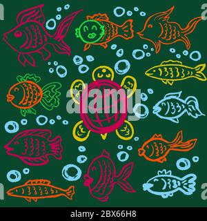 Niedliche Kinderzeichnung. Farbige Wachsmalstifte. Symbole, Zeichen, Symbole, Stifte. Unterwasserwelt. Fisch Schildkröte Grüner Hintergrund Stock Vektor