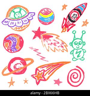 Niedliche Kinderzeichnung. Farbige Wachsmalstifte. Symbole, Zeichen, Symbole, Stifte. Raumelemente. Planet Stern Komet Rakete Aliens Stock Vektor