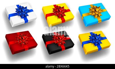 Set von bunten Geschenkschachteln mit Bändern, Schleifen und Schatten Stock Vektor