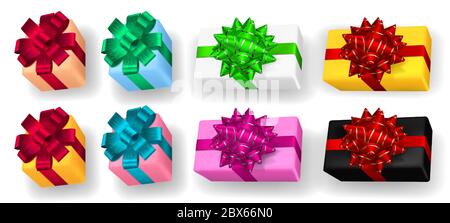 Set von bunten Geschenkschachteln mit Bändern, Schleifen und Schatten Stock Vektor