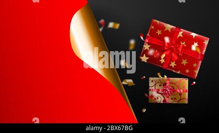 Banner zum Verkauf am schwarzen Freitag. Goldenes gewelltes Papier Ecke und Platz für die Inschrift. Geschenkbox, verschwommene rote und gelbe Serpentine auf dunklem Rücken Stock Vektor