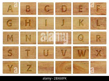 Buchstaben auf Holzstücken, isoliert auf weißem Hintergrund. Stockfoto