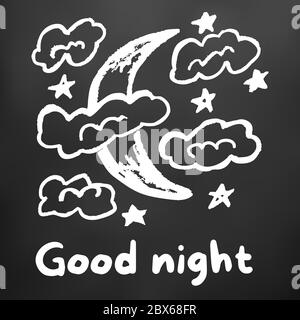 Niedliche Kinderzeichnung. Weiße Kreide auf einem schwarzen Brett. Symbole, Zeichen, Symbole, Stifte. Mond, Wolken Sterne Stock Vektor