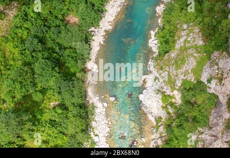 Drohne Blick auf türkisfarbenes sauberes Wasser des Flusses Tara und üppig grünen Wald an den Ufern, in Montenegro Stockfoto