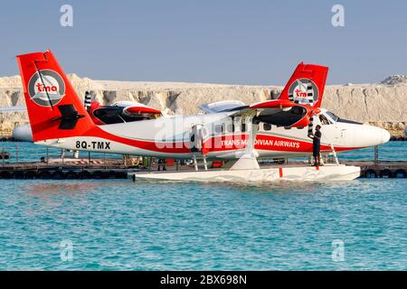 Male, Malediven - 20. Februar 2018: TMA - Trans Maldivian Airways De Havilland Canada DHC-6-300 Twin Otter Wasserflugzeug Flughafen Male (MLE) auf den Malediven Stockfoto