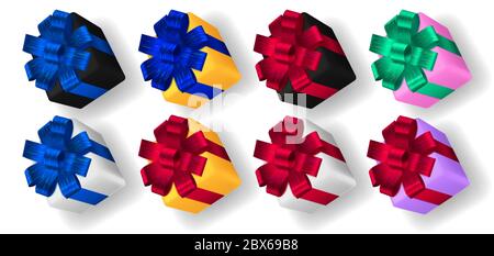 Set von bunten Geschenkschachteln mit Bändern, Schleifen und Schatten Stock Vektor
