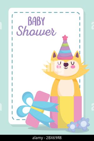 Baby Dusche, nette Katze kommen Geschenk-Box Feier, ankündigen Neugeborenen Begrüßungskarte Vektor-Illustration Stock Vektor