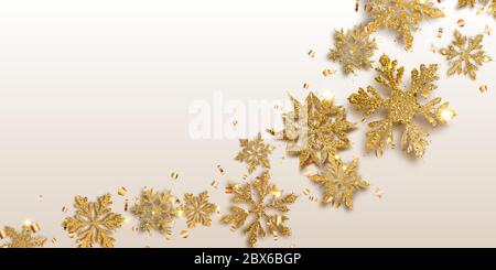 Vektor-Illustration von schönen glänzenden Komplex Weihnachten Schneeflocken aus funkelt in goldenen Farben mit Schatten auf hellem Hintergrund gemacht Stock Vektor
