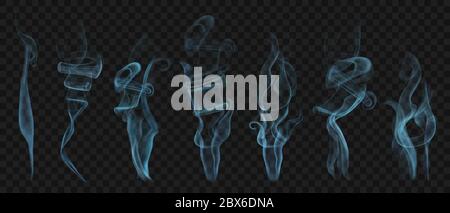 Set aus realistischem transparentem Rauch oder Dampf in hellblauen Farben, für den Einsatz auf dunklem Hintergrund. Transparenz nur im Vektorformat Stock Vektor