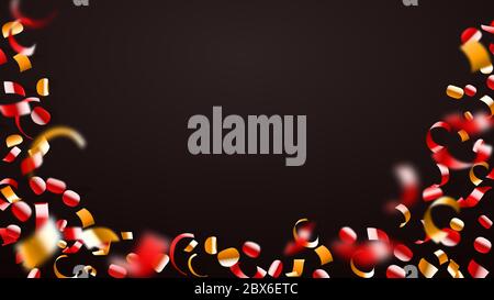 Abstrakter Hintergrund von fliegenden glänzenden Konfetti und Stücke von Serpentin, golden und rot auf schwarz Stock Vektor