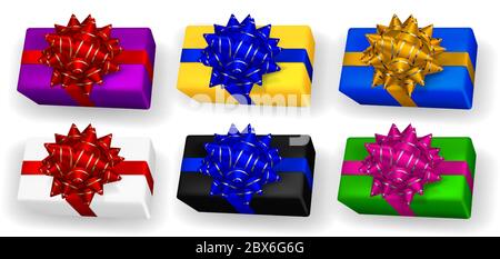 Set von bunten Geschenkschachteln mit Bändern, Schleifen und Schatten Stock Vektor