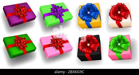 Set von bunten Geschenkschachteln mit Bändern, Schleifen und Schatten Stock Vektor