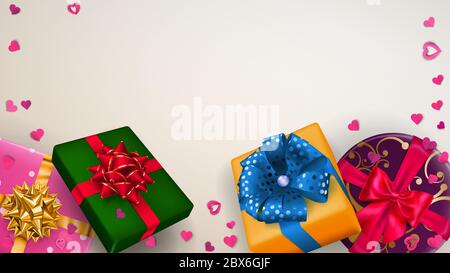 Vektor-Illustration von bunten Geschenkschachteln mit Bändern, Schleifen und Schatten, und kleine Herzen auf weißem Hintergrund Stock Vektor