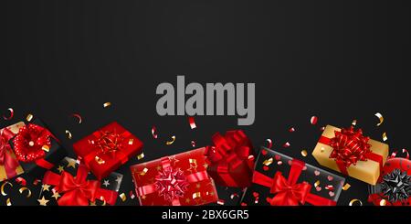 Vektorgrafik von roten, schwarzen und goldenen Geschenkschachteln mit Bändern, Schleifen und Schatten, und kleine glänzende Stücke von Serpentin auf dunklem Hintergrund Stock Vektor