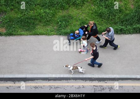 Pärchen mit Kindern, die auf einer Straße in der Stadt spazieren gehen, von oben gesehen. Eltern mit drei Kindern und Hund, Konzept der Familienfreizeitgestaltung Stockfoto