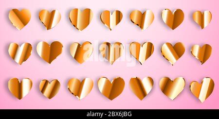 Set von glänzenden goldenen Herzen mit Schatten auf rosa Hintergrund Stock Vektor