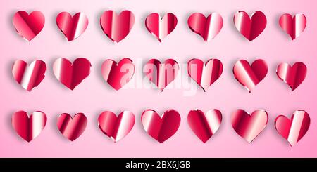 Set von leuchtend roten Herzen mit Schatten auf rosa Hintergrund Stock Vektor