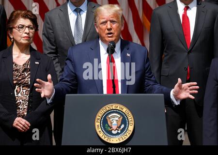 Der US-Präsident Donald J. Trump hält Bemerkungen vor der Unterzeichnung des H.R. 7010 - PPP Flexibility Act von 2020 im Rosengarten des Weißen Hauses in Washington, DC am 5. Juni 2020. Links ist Jovita Carranza, Administrator, US Small Business Administration (SBA).Quelle: Yuri Gripas/Pool via CNP /MediaPunch Stockfoto