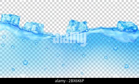 Lichtdurchlässige, blaue Eiswürfel und viele Luftblasen, die auf transparentem Hintergrund im Wasser schweben. Transparenz nur im Vektorformat Stock Vektor