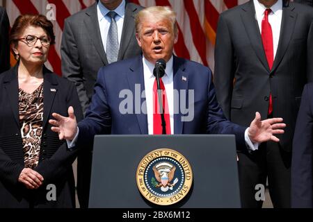 Der US-Präsident Donald J. Trump hält Bemerkungen vor der Unterzeichnung des H.R. 7010 - PPP Flexibility Act von 2020 im Rosengarten des Weißen Hauses in Washington, DC am 5. Juni 2020. Links ist Jovita Carranza, Administrator, US Small Business Administration (SBA).Quelle: Yuri Gripas/Pool via CNP Stockfoto