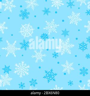 Weihnachten nahtlose Muster von komplexen großen und kleinen Schneeflocken in weißen Farben auf hellblauem Hintergrund Stock Vektor