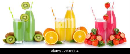 Frisches Obst Saft Getränke Smoothies Glas und Flasche auf einem weißen Hintergrund isoliert Stockfoto