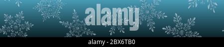 Weihnachtsbanner von großen komplexen transparenten Schneeflocken in hellblauen Farben auf Farbverlauf Hintergrund. Mit horizontalem sich wiederholendem Muster. Transparenz Stock Vektor