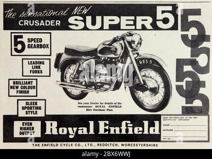 Vintage-Werbung für das britische Royal Enfield Crusader Super 5 Motorrad. Stockfoto