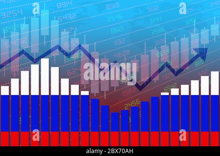 Flagge Russlands auf dem Balkendiagramm Konzept der wirtschaftlichen Erholung und der Verbesserung der Wirtschaft nach der Krise wie Covid-19 oder andere Katastrophe als Wirtschaft und busi Stockfoto