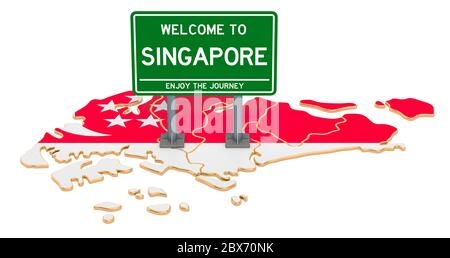 Billboard Willkommen in Singapur auf Singapurischer Karte, 3D Rendering isoliert auf weißem Hintergrund Stockfoto