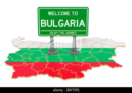 Billboard Willkommen in Bulgarien auf bulgarischer Karte, 3D-Rendering isoliert auf weißem Hintergrund Stockfoto