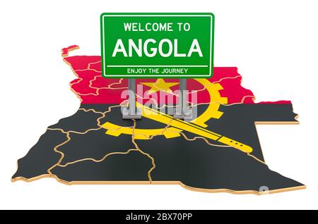 Billboard Willkommen in Angola auf angolanischer Karte, 3D-Rendering isoliert auf weißem Hintergrund Stockfoto