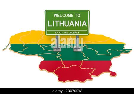 Plakatwand Willkommen in Litauen auf litauischer Karte, 3D-Rendering isoliert auf weißem Hintergrund Stockfoto