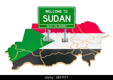 Billboard Willkommen im Sudan auf sudanesischer Karte, 3D-Rendering isoliert auf weißem Hintergrund Stockfoto