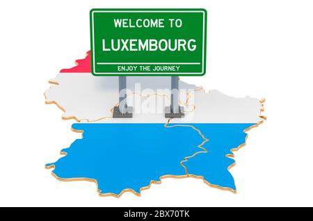 Billboard Willkommen in Luxemburg auf Luxemburgischer Karte, 3D-Rendering isoliert auf weißem Hintergrund Stockfoto