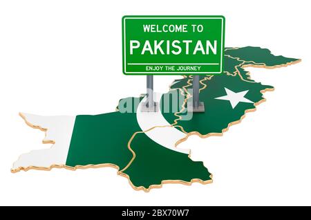 Billboard Willkommen in Pakistan auf pakistanischer Karte, 3D Rendering isoliert auf weißem Hintergrund Stockfoto