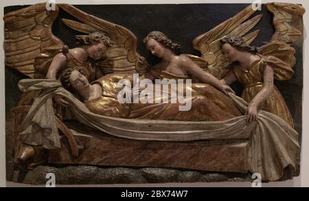 Hl. Katharina von Alexandria (287-305). Christlicher Märtyrer. Heilige Katharina wurde von Engeln zum Berg Sinai transportiert. 17. Jahrhundert. Schule In Madrid. Geschnitztes polychromes Holz. Museum für Pilgerfahrt und Santiago. Santiago de Compostela, Provinz La Coruña, Galicien, Spanien. Stockfoto