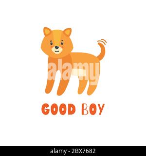 Niedlichen Welpen winken seinen Schwanz. Guter Junge Hund Druck mit Inschrift. Vektorgrafik im flachen Stil Stock Vektor