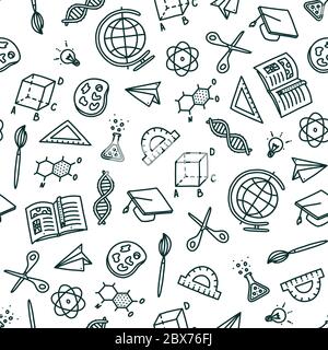 Nahtlose Muster auf zurück zur Schule Thema. Handgezeichnete Objekte, die in der Schule benötigt werden und mit Bildung verbunden sind. Vektorgrafik im Doodle-Stil Stock Vektor